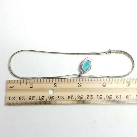 Vintage Blue Stone Sterling Silver Pendant on Long Flat Chain Necklace Tarnished - Picture 5 of 7